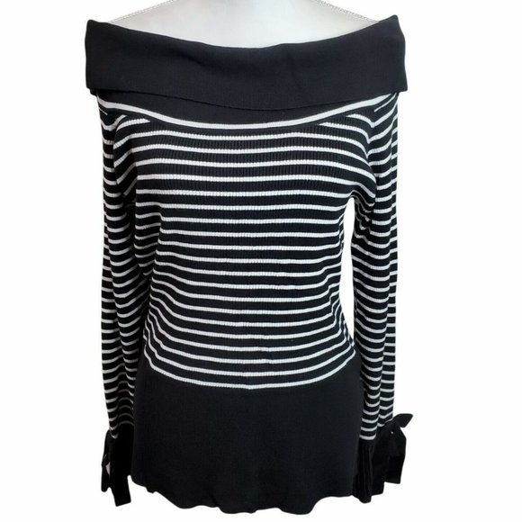 New York and Co Womens Sweater Sz XL Black White Off-Shoulder Neck 7th Avenue LS - Picture 1 of 12